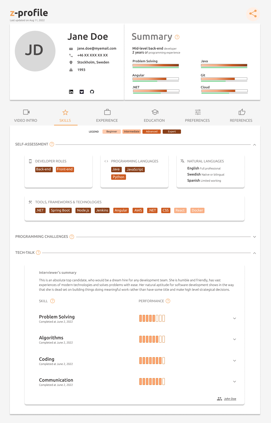 z-profile is a digitized, comprehensive, and reliable curriculum vitae, tailored specifically for candidates within the tech industry. It contains, among others, an intro video recorded and uploaded by the candidate and skills that are validated by self-assessment, programming challenges and interviews.